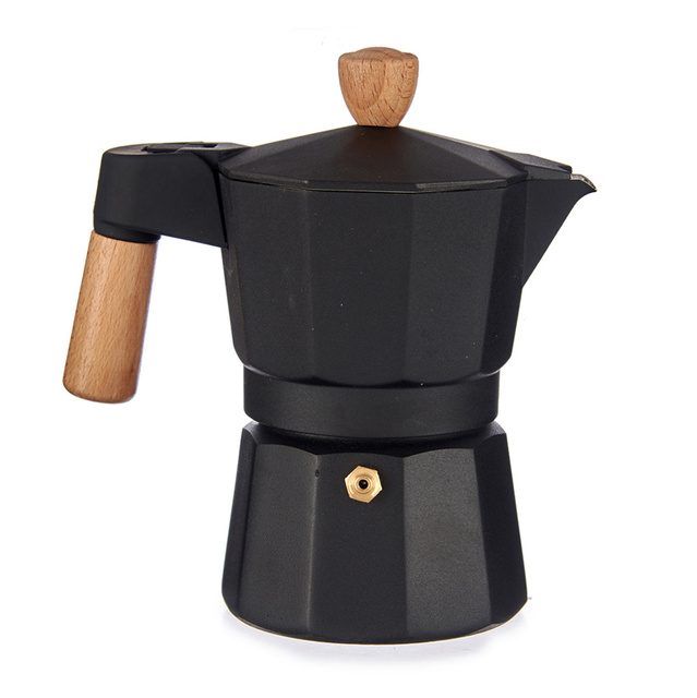 Cafetiera din aluminiu cu maner din lemn, 3 cesti