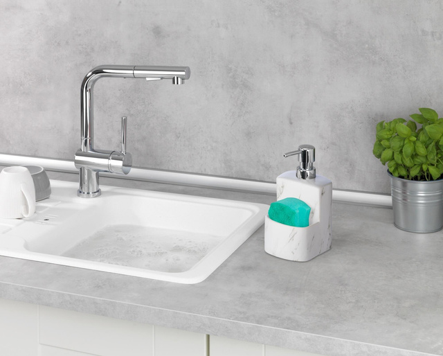 Dispenser săpun lichid FESTIVAL cu recipient pentru burete, ceramică cu motiv de marmură, 380 ml, WENKO