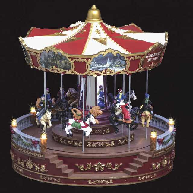 Figurina decorativa carusel de Craciun cu iluminare si muzica, 31 cm