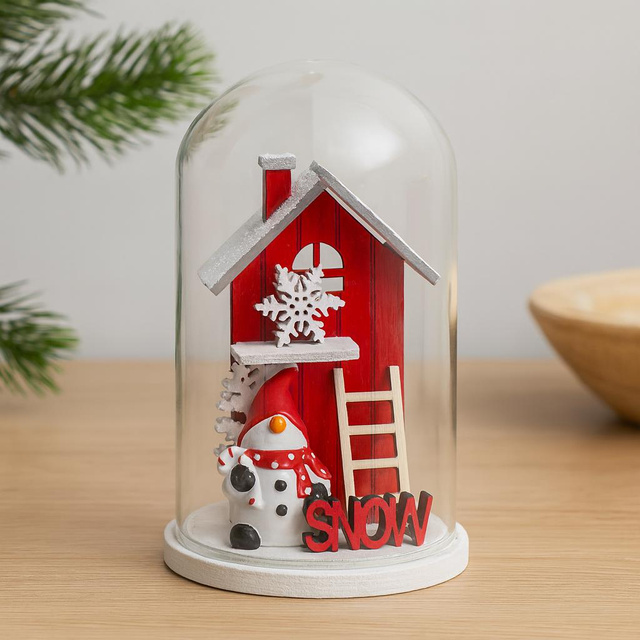 Glob de sticlă cu o casă de Crăciun din lemn, 12 cm