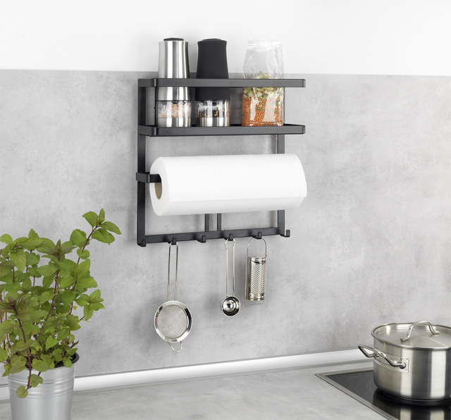 Raft suspendat negru cu spatiu pentru hartie de bucatarie, montaj fara gaurire, WENKO