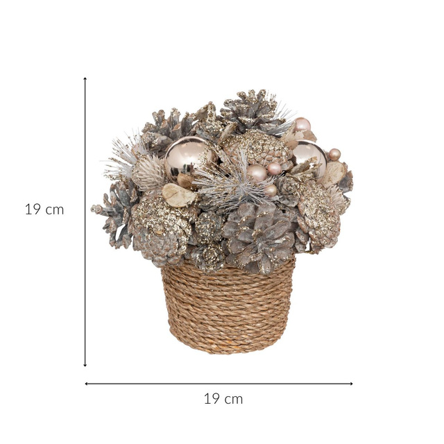 Decoratiune din conuri de pin si globuri in vas impletit, 19 cm