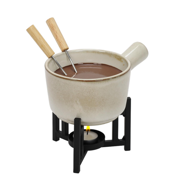 Set fondue de brânză, cratiță de porțelan, 2 furculițe