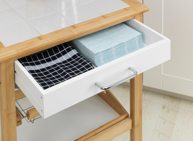 Cărucior de bucătărie pe roți FINJA, lemn de bambus si MDF, Alb, WENKO