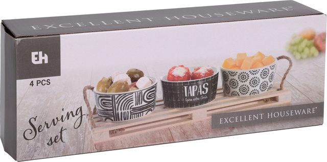 Set pentru servirea gustărilor: suport de lemn și 3 vase de porțelan, Ø 10 cm