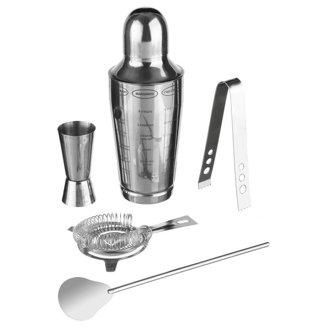 Set barman pentru bauturi, shaker 600 ml, metal, 5 elemente