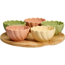 Boluri pentru gustări flori pe tavă de bambus, 5 boluri + placă