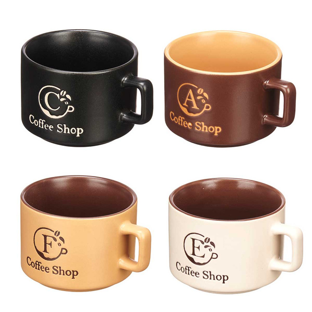 Set 4 cani ceramice pe suport metalic COFFEE SHOP, 180 ml