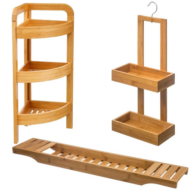 Set de baie din bambus, poliță suspendată + poliță, suprapunere pentru cadă + raft de colț cu 3 niveluri, set de baie din bambus, 5five Simply Smart