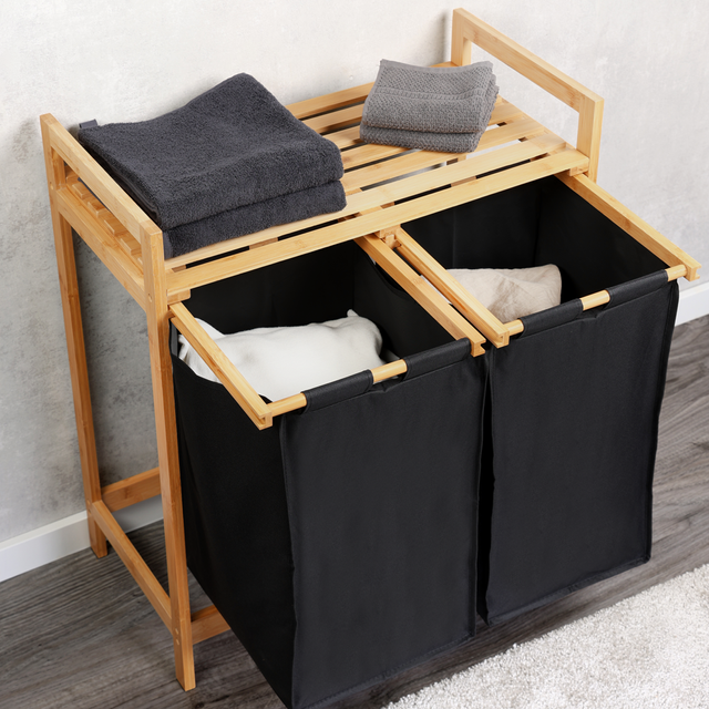 Cos de rufe din bambus, doua compartimente, 64 x 73 cm