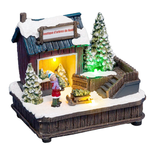 Sat de Crăciun, scenă de Crăciun cu un magazin de pomi de Crăciun