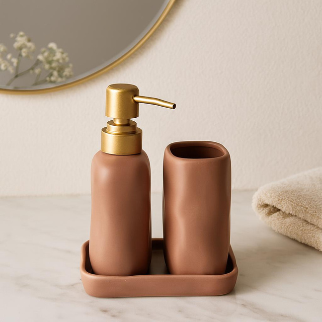 Set de baie EON, dozator ceramic cu pompă aurie, cană și tavă, piersică