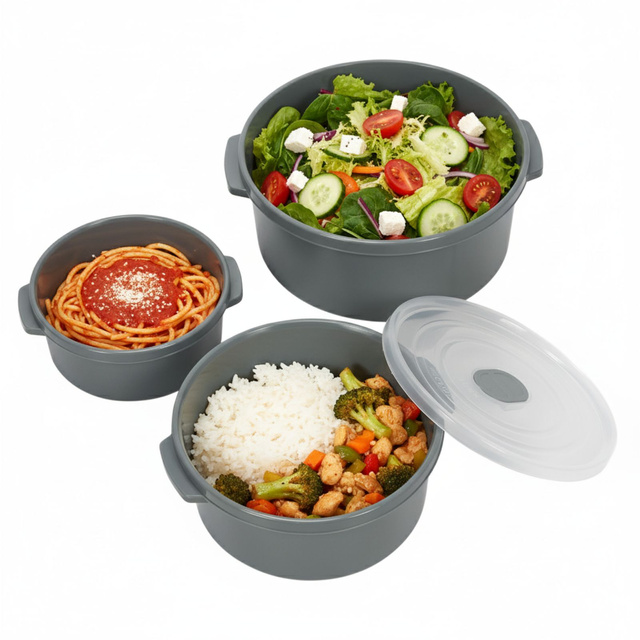 Containere pentru alimente pentru microunde, rotunde, 3 dimensiuni diferite, gri