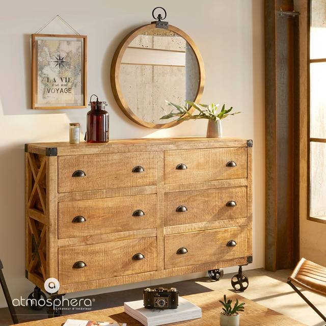 Oglindă de perete, rotundă, decorativă în cadru din lemn, Ø 74 cm