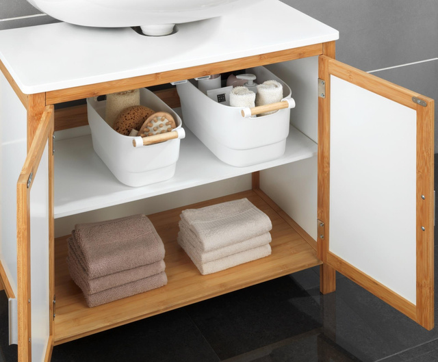 Recipient din plastic cu maner din lemn, alb, 14,5 x 12 x 27 cm, Wenko