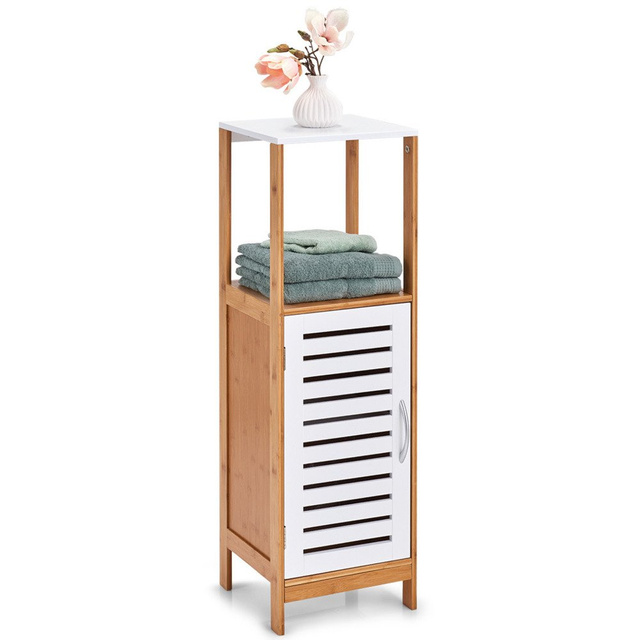 Etajera Zeller pentru baie, din bambus, 30 x 30 x 96 cm, Alb/Maro