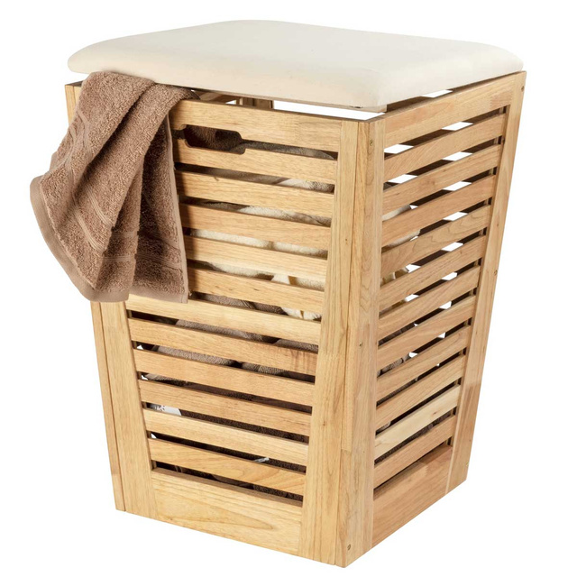 Cos pentru rufe cu scaun din tesatura de in ACINA, lemn de salcam, 55 litri, Wenko