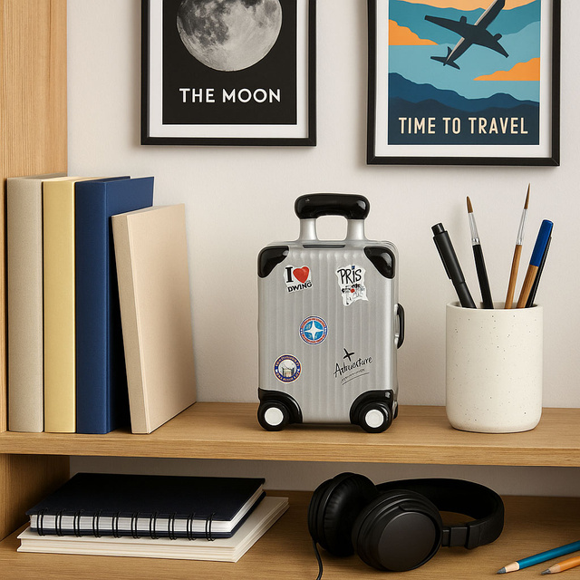 O pușculiță din ceramică colorată cu motiv de călătorie