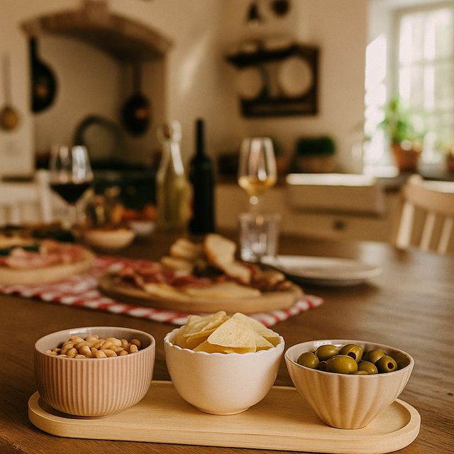 Boluri pentru gustări NOBI, 3 recipiente și un platou lung.