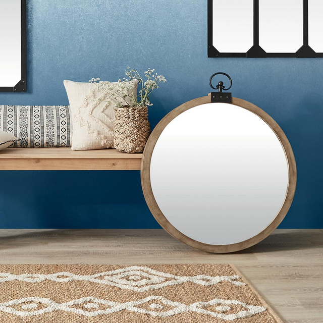 Oglindă de perete, rotundă, decorativă în cadru din lemn, Ø 74 cm