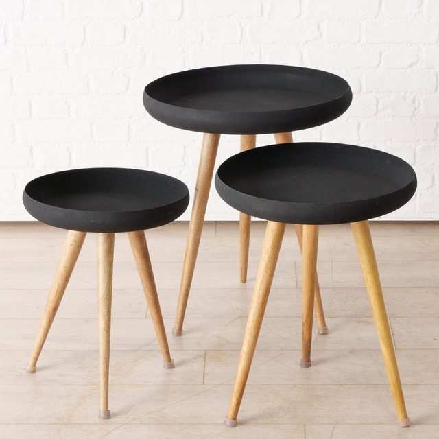 Set 3 masute de cafea loft cu blat negru si picioare din lemn de mango Masdour