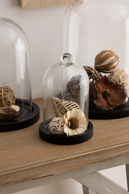 Clopot de sticlă cu bază din lemn negru NORDIC, înălțime 19 cm