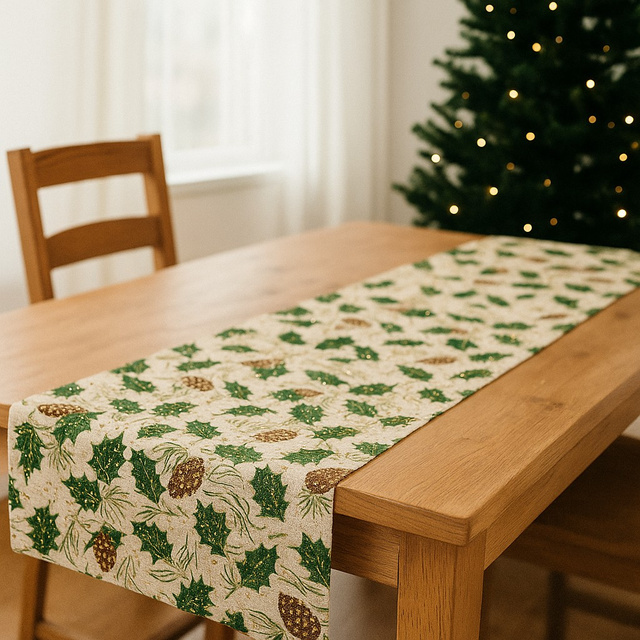 Traversa de masa de Craciun, model conuri de pin, 28 x 300 cm