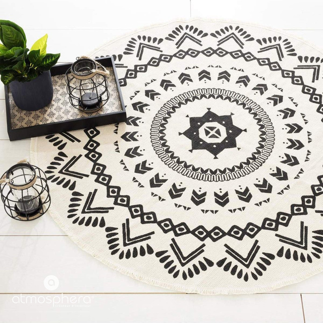 Covor decorativ în stil boho, culori alb-negru, Ø 120 cm