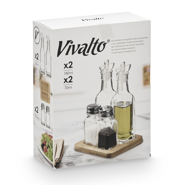 Set de condimente și ulei cu suport din lemn, 4 elemente