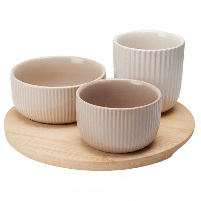 Set de boluri ceramice pentru gustări LINY pe un suport din bambus