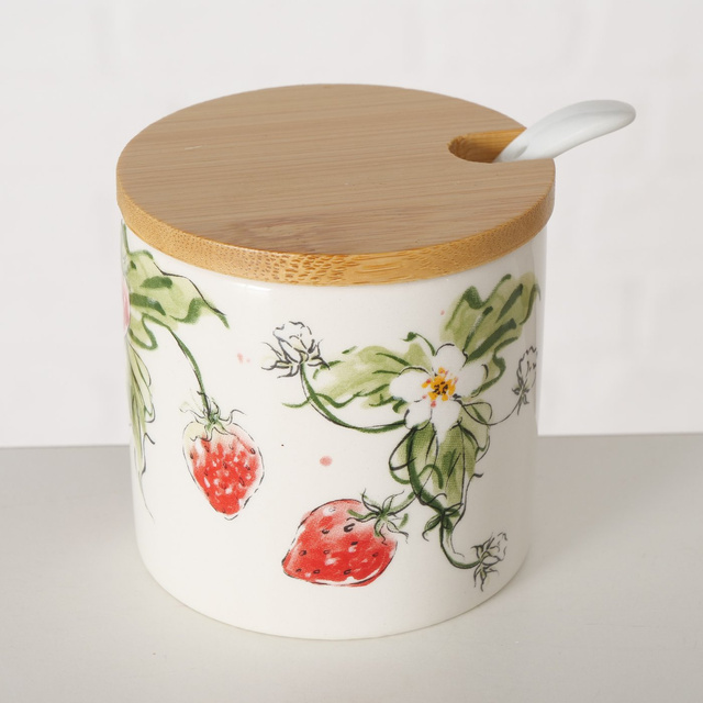 Recipient ceramic cu lingura si capac din bambus, CAPSUNI