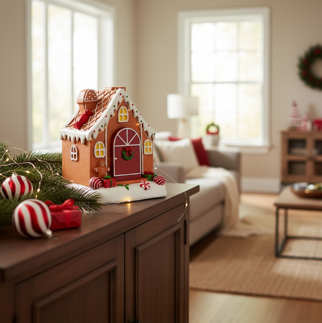 Casă din turtă dulce, 8 LED-uri, mobilă cu sunet, 16,2 cm