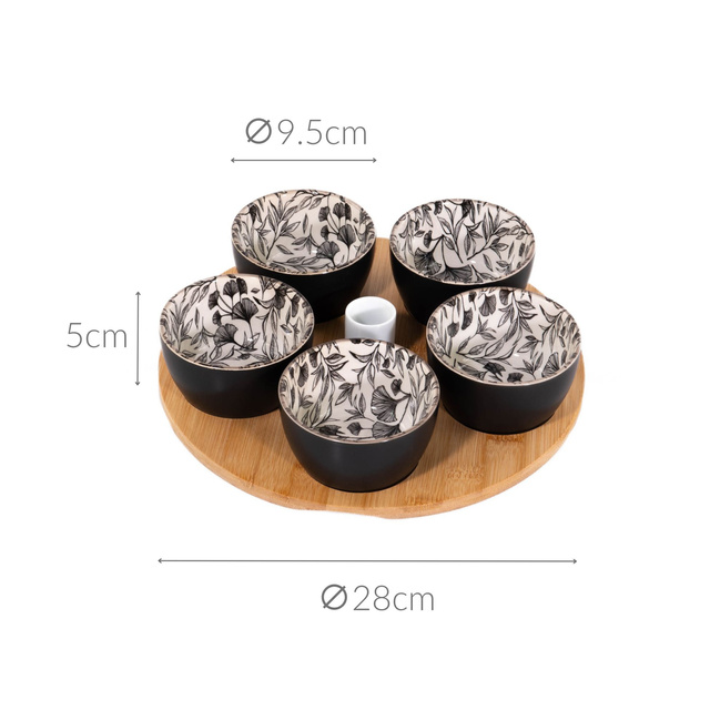 Set 4 boluri pentru aperitive FLORAL, pe o tavă din lemn, 70 ml