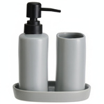 Set de baie PLY, dozator ceramic, cană și tavă, gri