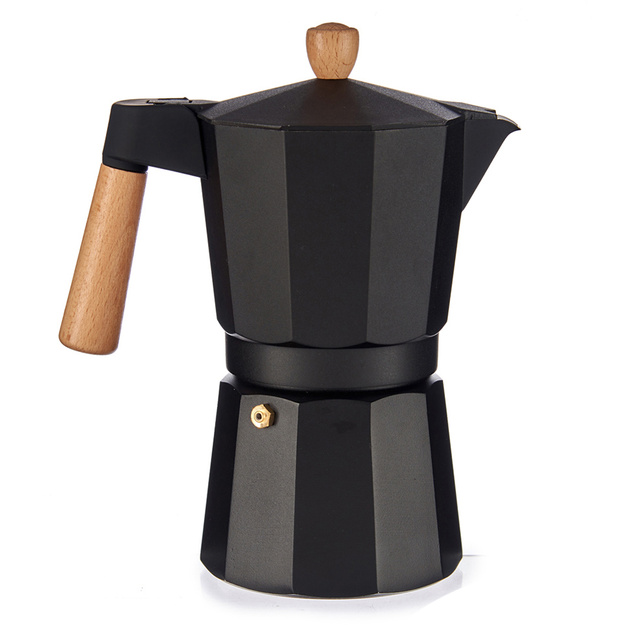 Cafetiera din aluminiu cu maner din lemn, 9 cesti