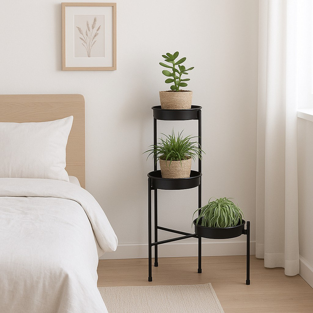 Suport de flori loft negru pentru 3 ghivece BOGI, 61,5 cm