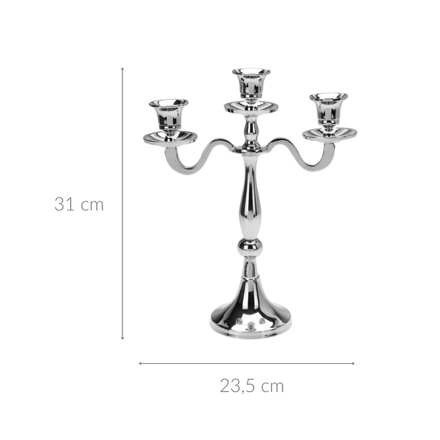 Candelabru argintiu, suport pentru 3 lumânări, 31 cm
