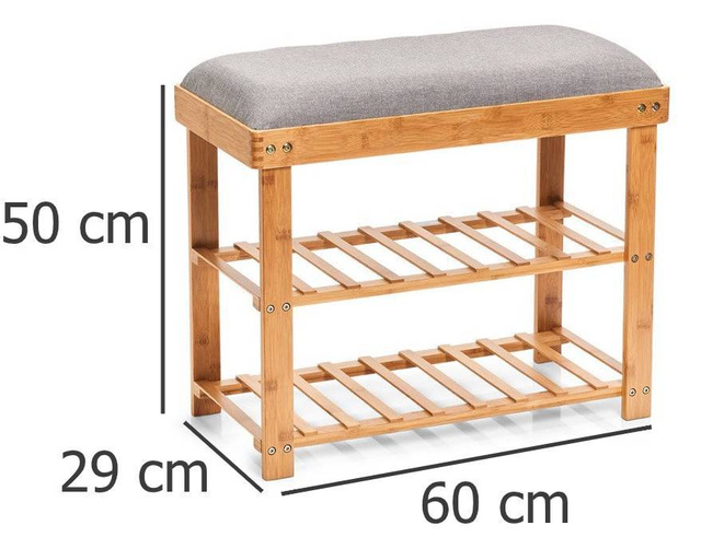 Un dulap de pantofi din bambus, un scaun cu rafturi, un taburet de hol din lemn.