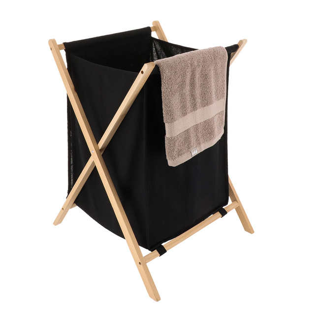 Coș de rufe textil SKANDIA, închis, cadru din lemn, 90 l