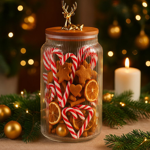 Recipient sticlă cu capac cu ren 1600 ml