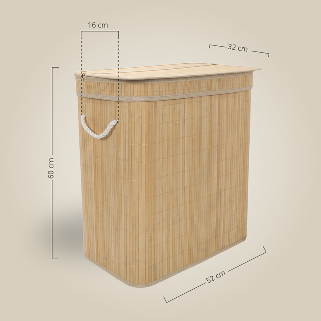 Coș de rufe din bambus, cu două compartimente, 100 l