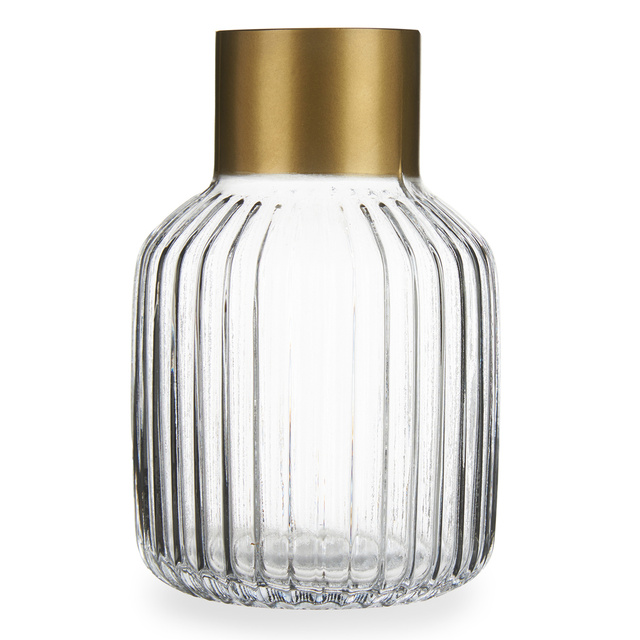 Vaza din sticla canelata cu decor auriu, inaltime 18 cm