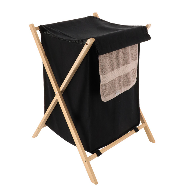 Coș de rufe textil SKANDIA, închis, cadru din lemn, 90 l