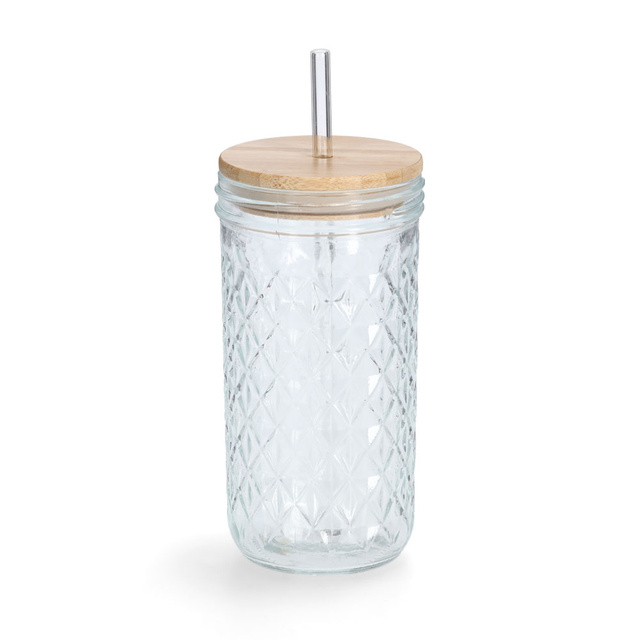 Pahar cu pai metalic si capac etans din bambus, 580 ml