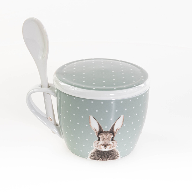 Cana cu capac si lingurita Fluffy, din portelan, iepuras, 600 ml