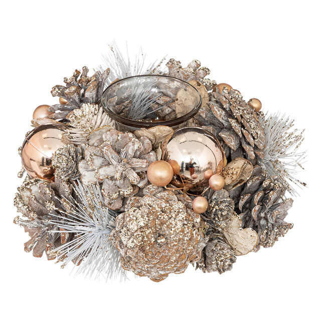 Sfesnic cu conuri de pin si globuri, auriu