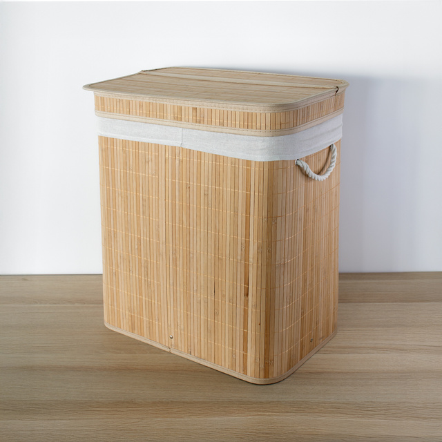 Coș de rufe din bambus, cu două compartimente, 100 l