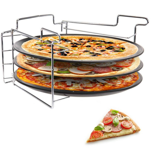Set de gătit pizza: 3 tăvi metalice + suport