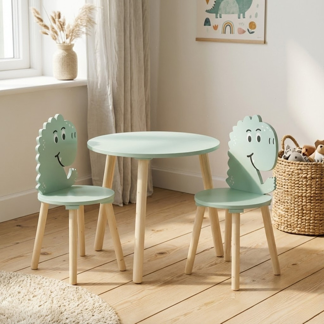 Meseu din lemn cu 2 scaune pentru copii, motiv cu dinozauri, înălțime 50 cm