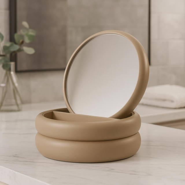 Cutie pentru bijuterii cu oglindă, 17,5 x 17,5 x 9 cm, taupe